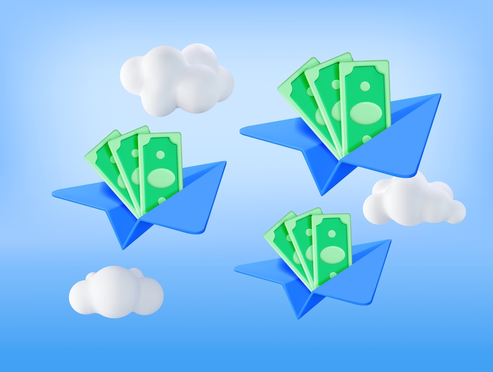 3D Paper Plane with Dollar Banknotes Inside in the clouds. 