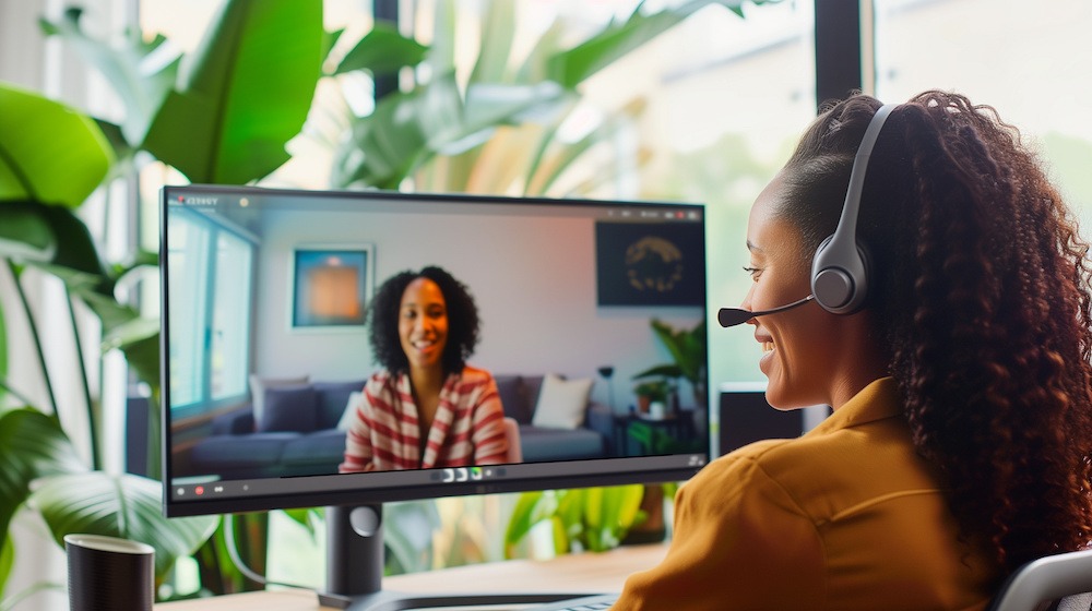 Woman working remotely on a virtual video team meeting call, remote work unified communications concept. 