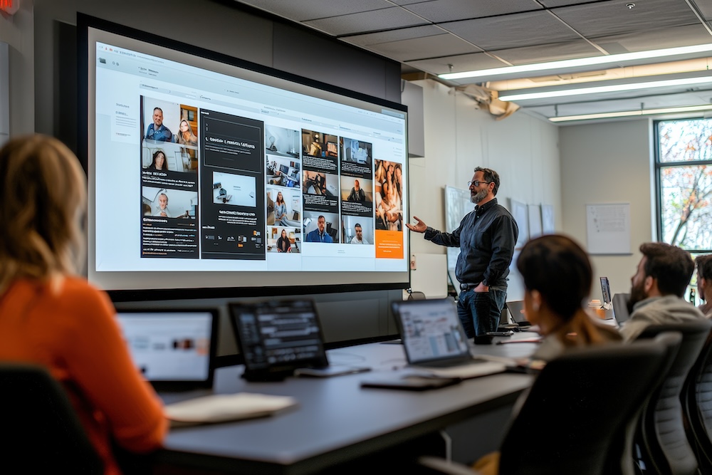 man leading a meeting with team using unified communications technology.