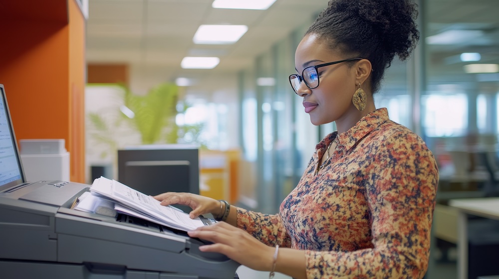 A business office showcases a woman operating a photocopier while focusing on printing and copying documents.