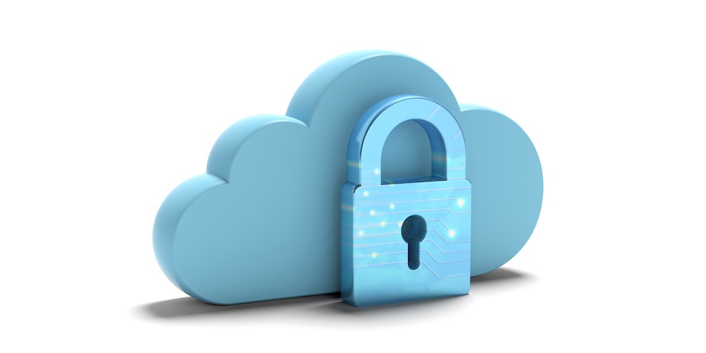 Cloud computing security. Blue cloud and padlock isolated on white background. 