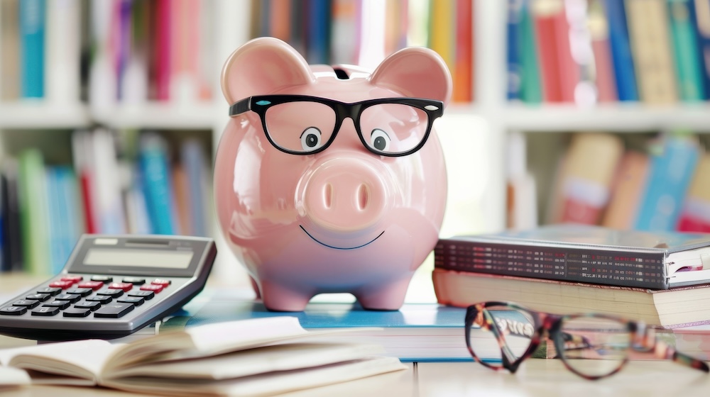 A piggy bank with glasses on top of it and a calculator next to it