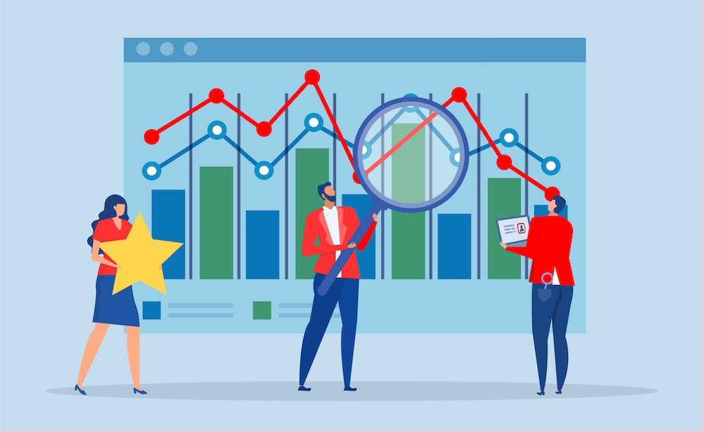 graphic of team looking at KPIs. Measuring success of unified communications.