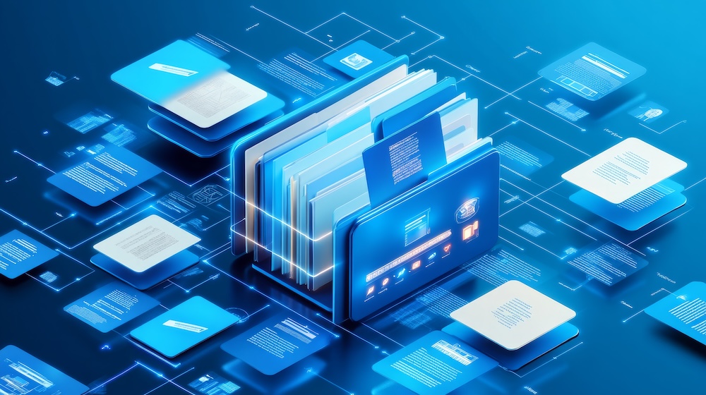 Document management system concept, software system for managing documents, information, organization. document searches and shares, data access, documentation reducing data loss
