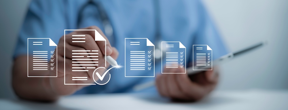 Healthcare professional checks a digital checklist using advanced technology, emphasizing efficiency and accuracy in modern medical systems