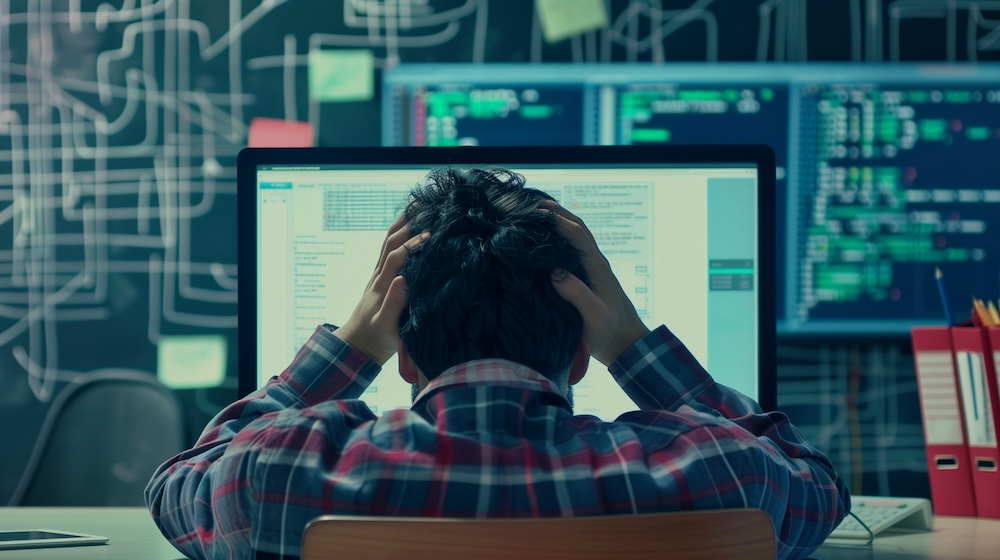 Frustrated IT professional at desk, eyes fixed on computer screen with error messages during software upgrade