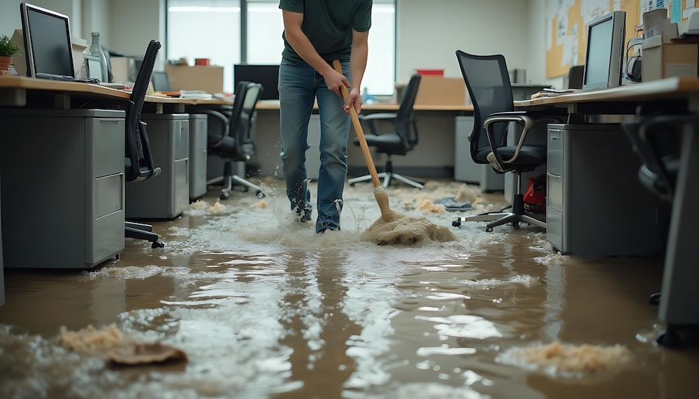 A man cleans up a flooded office using a mop the water damage is extensive