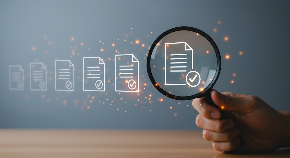 Audit inspection with magnifying glass, compliance check, fraud detection, risk management, quality assurance, legal review, cybersecurity, financial scrutiny etc.