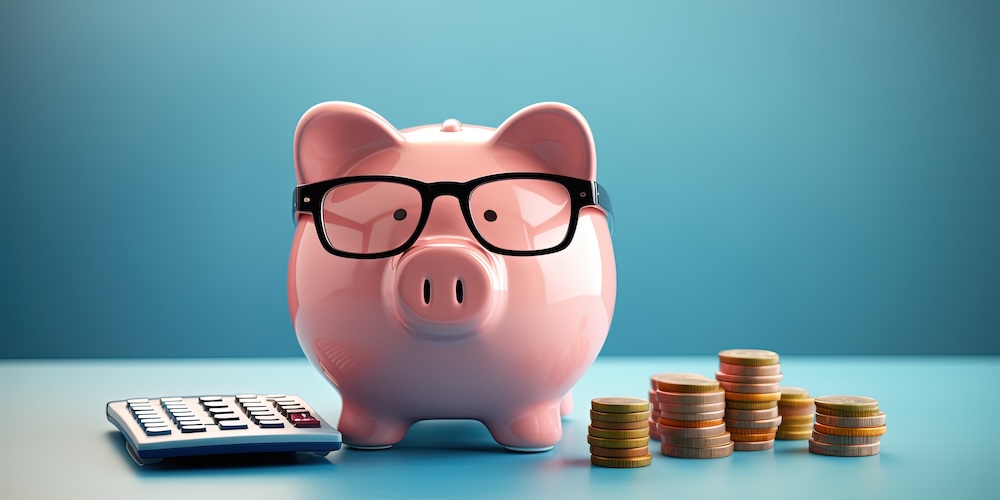 Pink piggy bank with eyeglasses and calculator, concept of savings and investments, IT budget assessment.