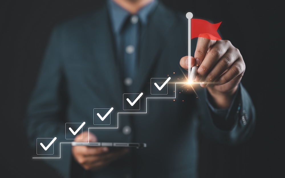 Business success and goal achievement steps. Document management implementation