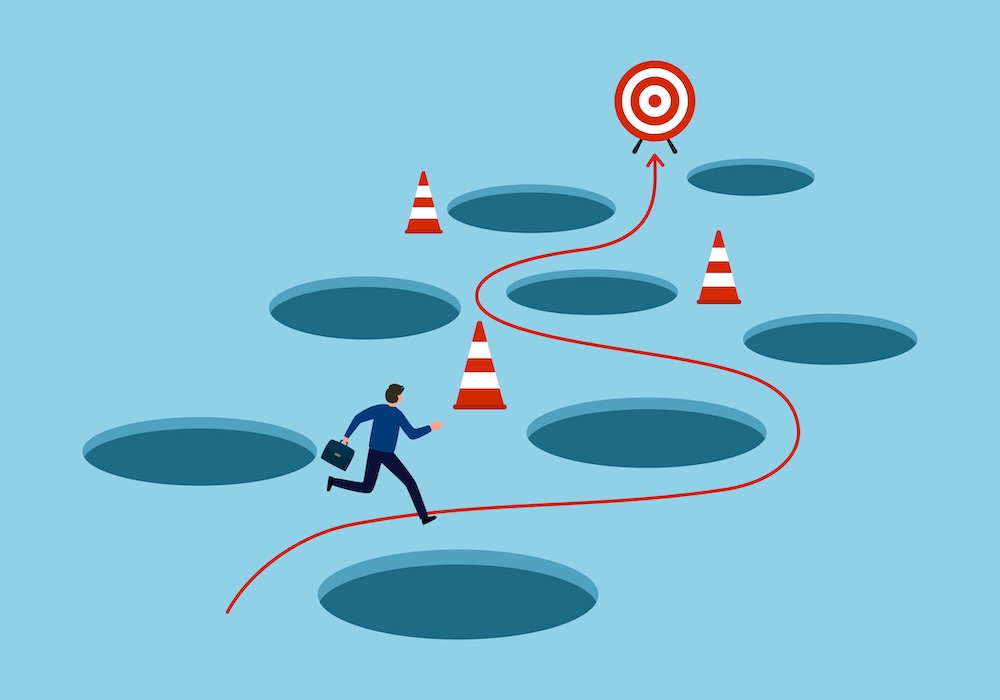 Obstacle avoidance concept. Business skill and creativity to solve problem with many pitfalls to achieve document management success.