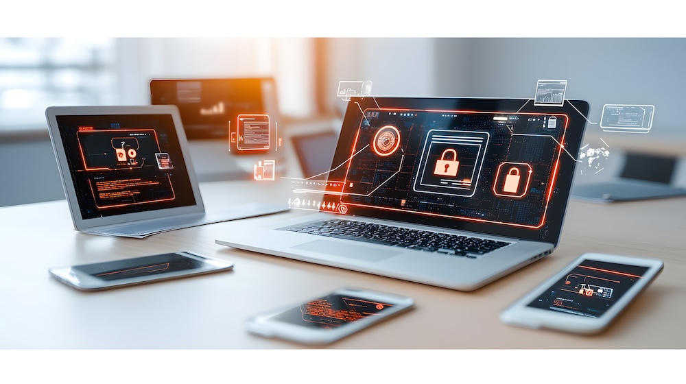 Advanced cybersecurity shield safeguarding multiple digital devices and ensuring robust endpoint security and secure business data.