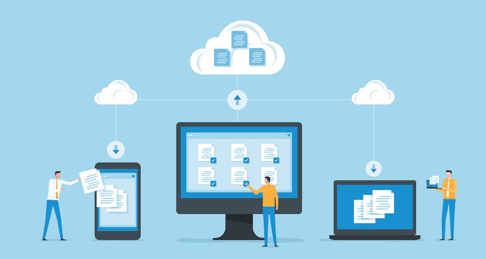 business technology document management system storage backup concept and cloud server service with administrator and developer team working concept