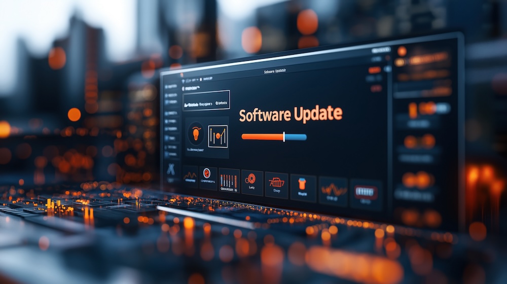 A close-up of a computer screen displaying a software update interface with various settings and progress. business data security concept.