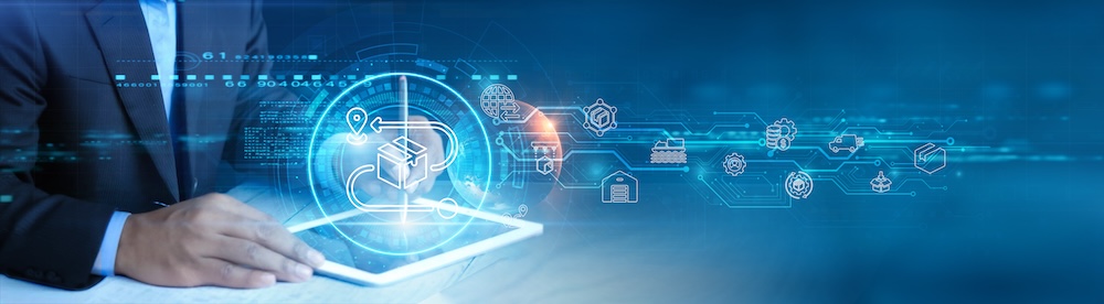 Businessman holding and using a digital tablet device with logistics management solutions, supply chain optimization, inventory tracking systems, real-time shipment monitoring, warehouse automation.