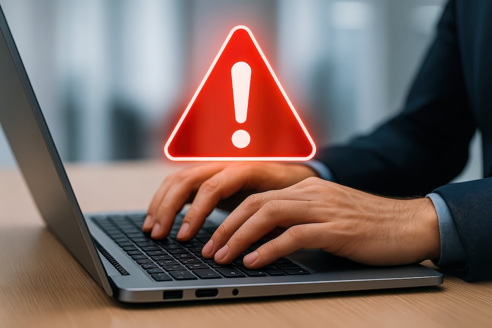 Cybersecurity Warning Alert on Laptop – Businessman Typing with Red Caution Symbol.