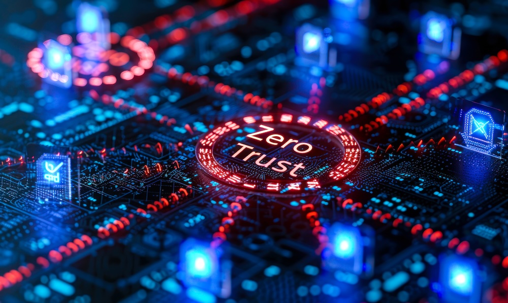 Cybersecurity concept of Zero Trust network security model illuminated on digital interface, representing verification and constant authentication