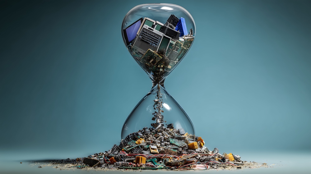 Hourglass filled with electronic waste on a blue background
