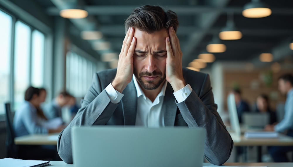 Stressed businessman holds head in hands at office desk, suffering from headache, work pressure. Overwhelmed manager sits by laptop, feeling frustrated sick from job tasks. Exhausted employee
