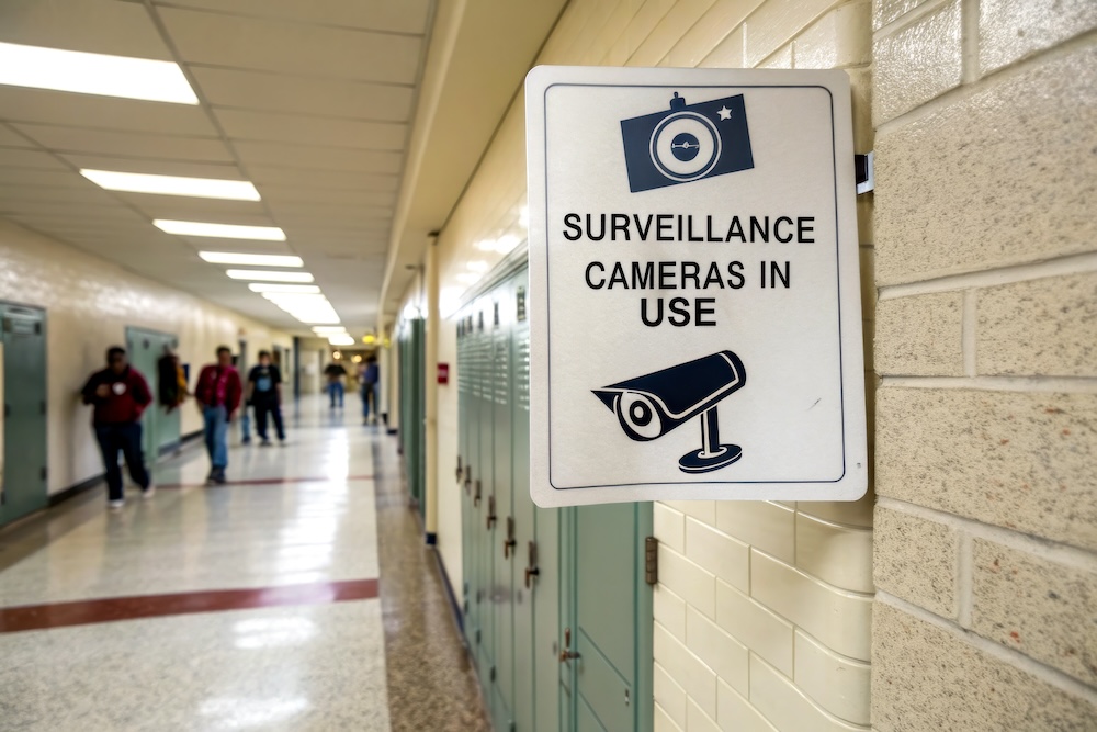 A sign indicating that surveillance cameras are in use, positioned along a school hallway with lockers and students visible in the background.