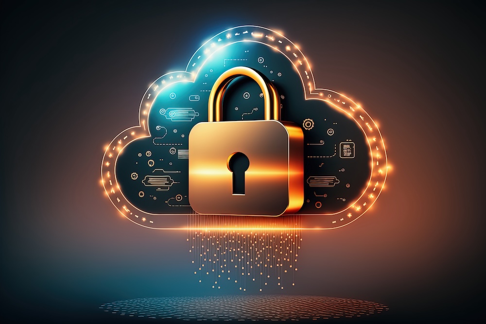Neon cloud with locked padlock on dark background. Concept of data protection technology, security and confidentiality. Safety, encryption, privacy, digital cybersecurity. AI