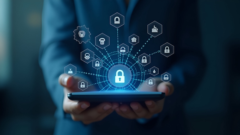 Business developer setting security system for protect data account and user key password for login mobile phone application concept concept as Business developer configuring a security system