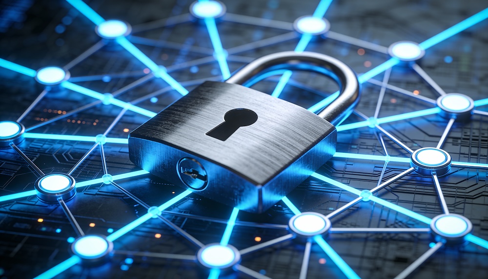 Cyber defense system visualization with padlock in the center of digital network and glowing blue neon connections, futuristic cybersecurity technology, secure data protection and information