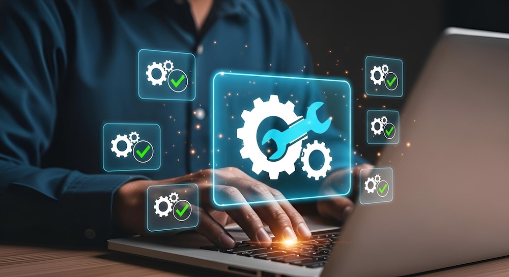 Abstract illustration of technical support and IT maintenance concept with gears and wrench icon on a laptop screen, digital technology theme