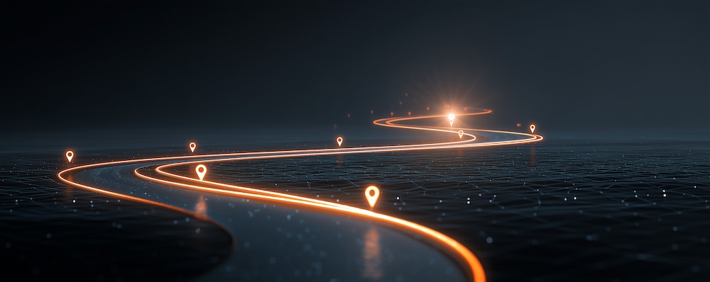A glowing path with checkpoints, a concept for a business roadmap, customer journey, or project milestones. IT planning concept.