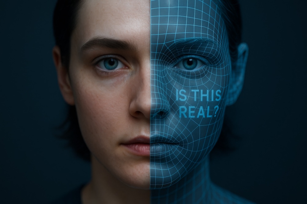 Illustration of a human face beside an AI-generated digital replica representing deepfakes, AI cybercrime, and modern cybersecurity threats targeting businesses.