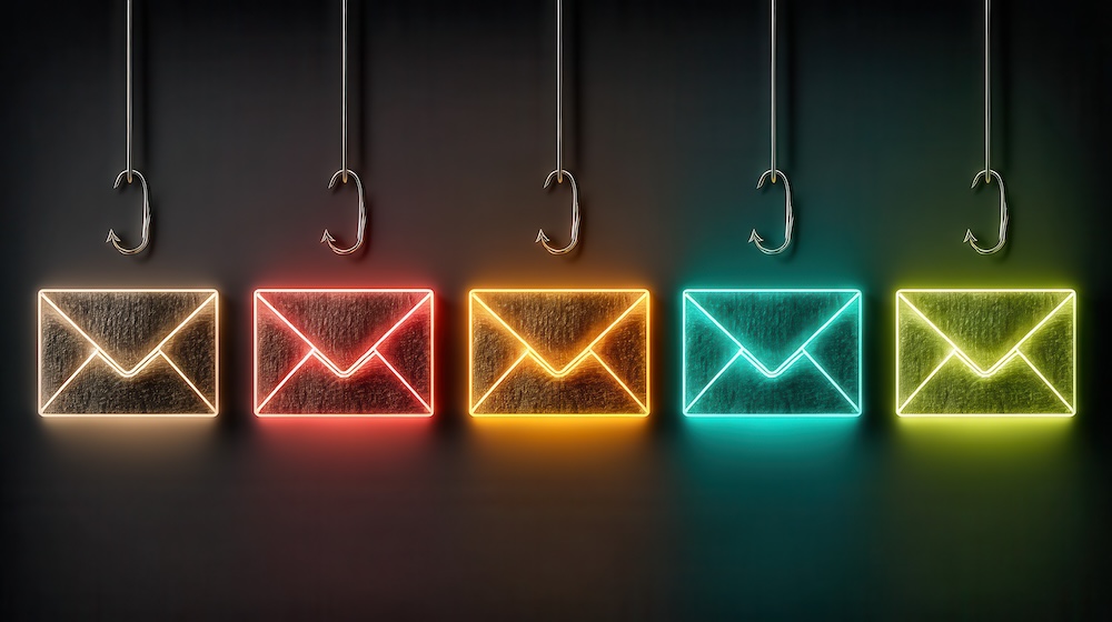 Colorful email icons hanging from phishing hooks representing phishing scams, email fraud, and AI-powered cyberattacks targeting businesses and employees.
