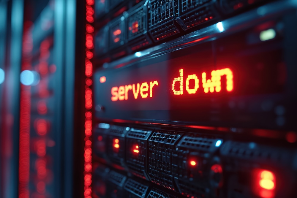 Server outage warning in business data center highlighting disaster recovery and backup planning risks for SMBs