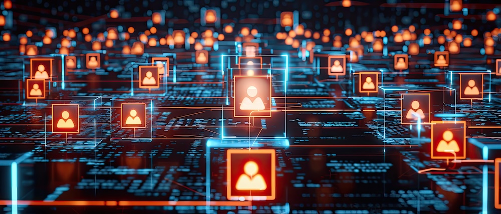 Digital network of connected user profiles representing AI-powered social engineering attacks, phishing scams, and cybercriminal targeting of businesses.