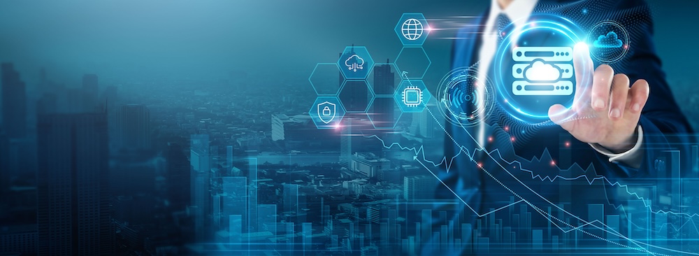 Business professional reviewing server virtualization and cloud infrastructure technology