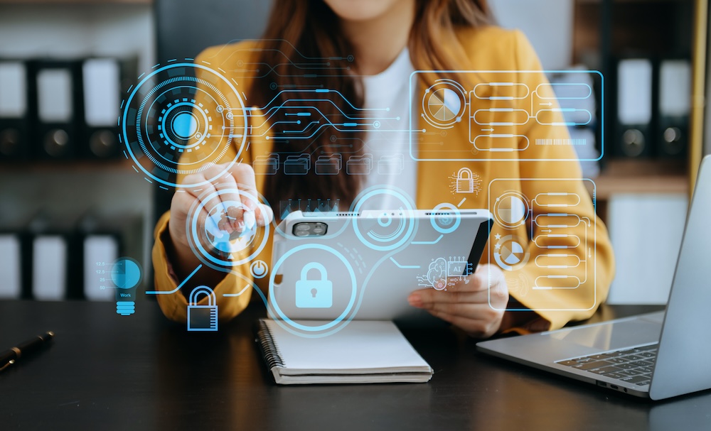 Cyber security data protection Business working on compute Intelligenc digital tablet global network connection data science digital marketing, Investment global
