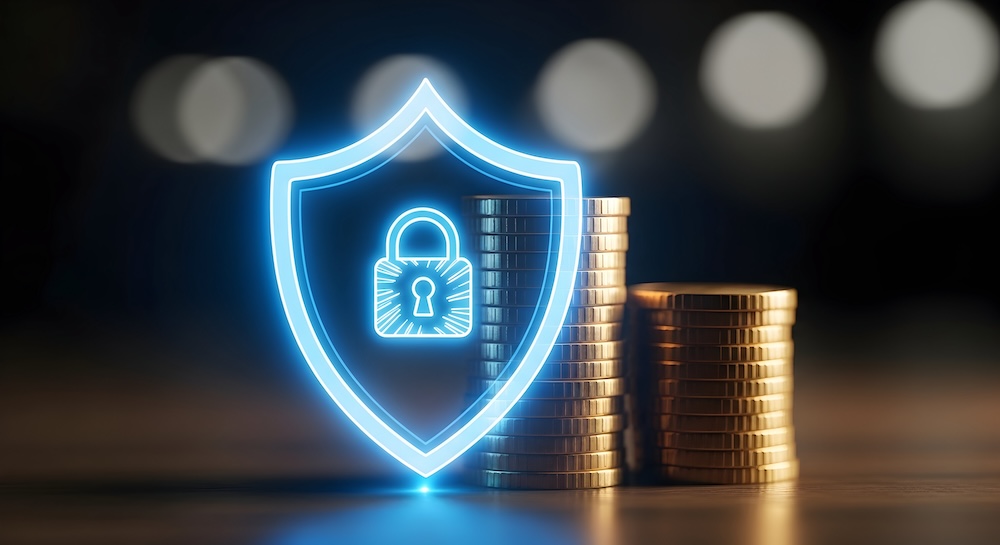 Shield and Padlock Protecting Gold Coins, Investment Security