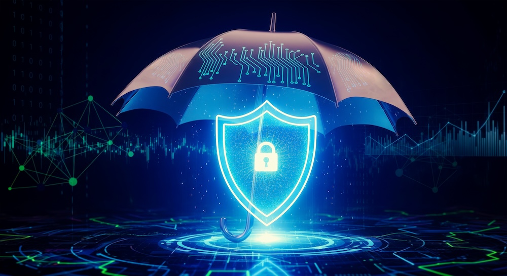 Cybersecurity and insurance concept with 3D umbrella protecting a glowing shield icon, representing data protection, risk management, and digital life protection