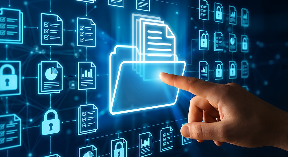 Document management system with hand accessing secure documents.