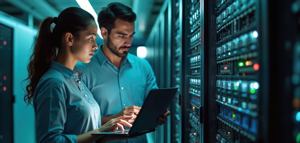 IT professionals monitoring server infrastructure to support business continuity and disaster recovery planning.