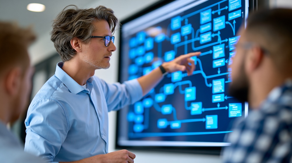 IT professional presenting a technology roadmap on a digital display during a business planning meeting.