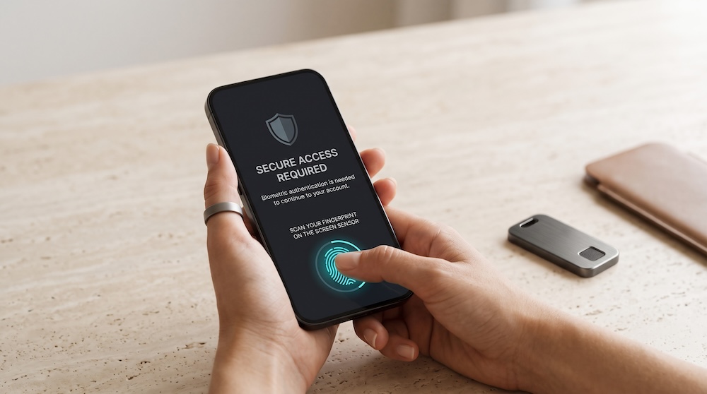 Business user verifying their identity with biometric authentication to securely access business applications.